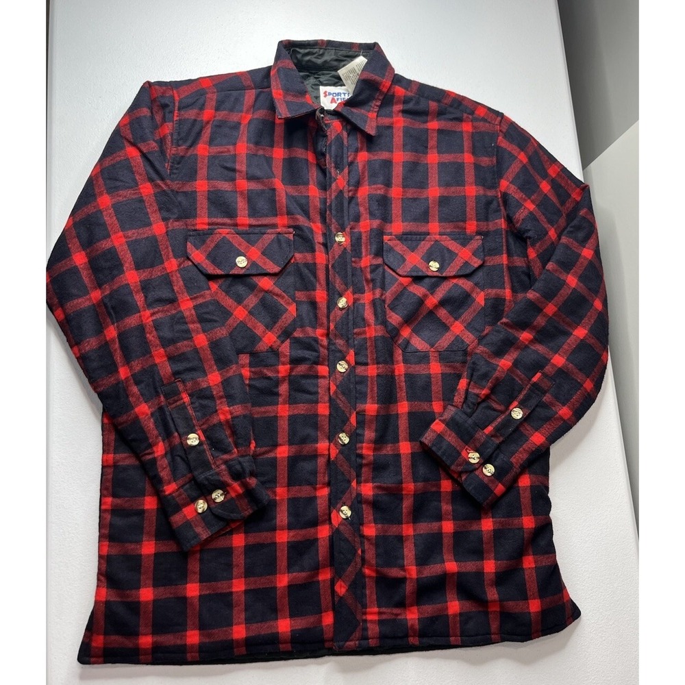 Vtg Sports Afield Shirt Jacket Mens Quilted Lined Red Navy Flanbel‎ Plaid Size M